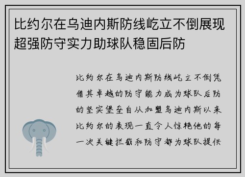 比约尔在乌迪内斯防线屹立不倒展现超强防守实力助球队稳固后防