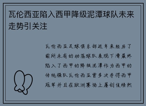 瓦伦西亚陷入西甲降级泥潭球队未来走势引关注 瓦伦西亚陷入西甲降级泥潭球队未来走势引关注