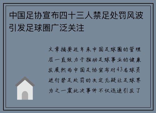 中国足协宣布四十三人禁足处罚风波引发足球圈广泛关注 中国足协宣布四十三人禁足处罚风波引发足球圈广泛关注